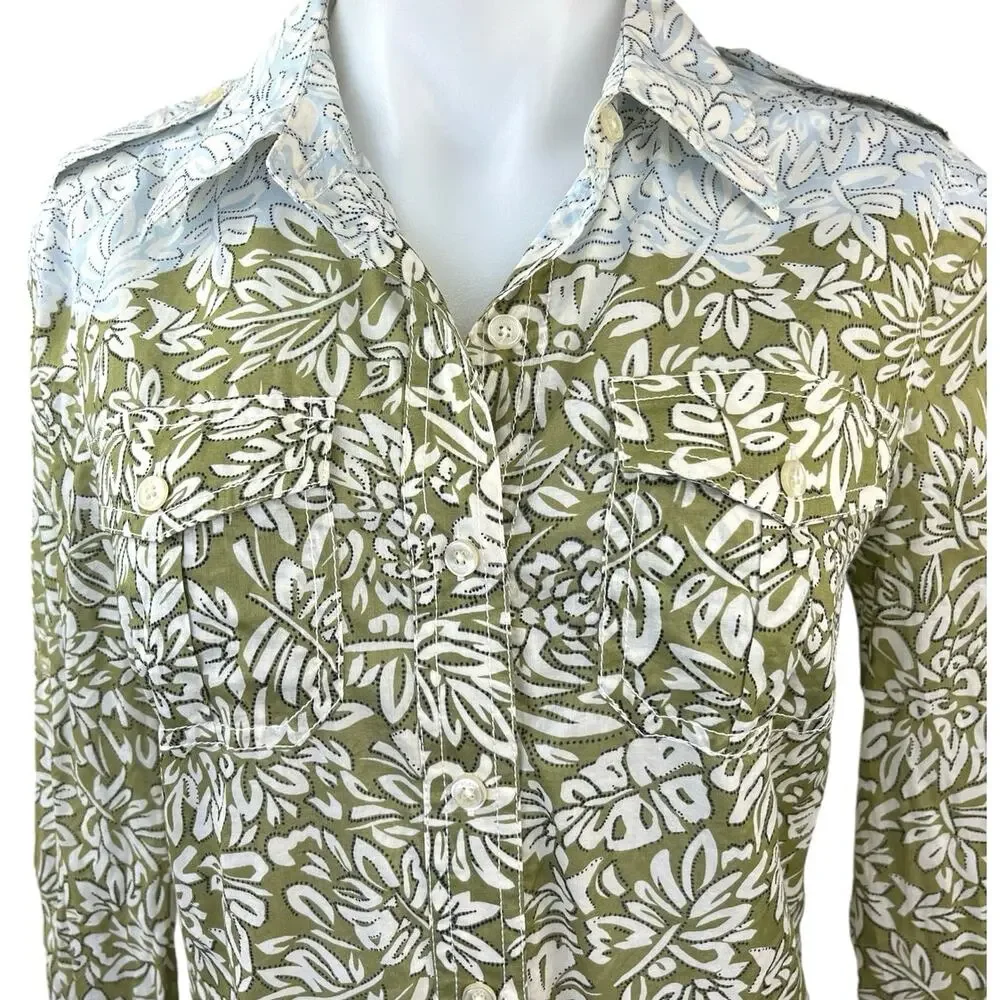Tory Burch Green Brown Blue Colorblock Floral Button Down Shirt Top Size 2